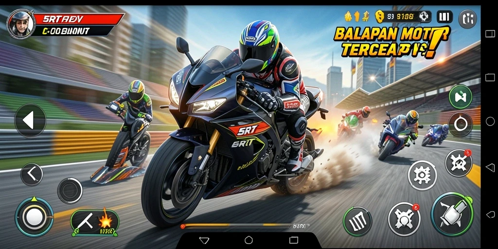 Gameplay menegangkan dengan balapan motor cepat di lintasan.