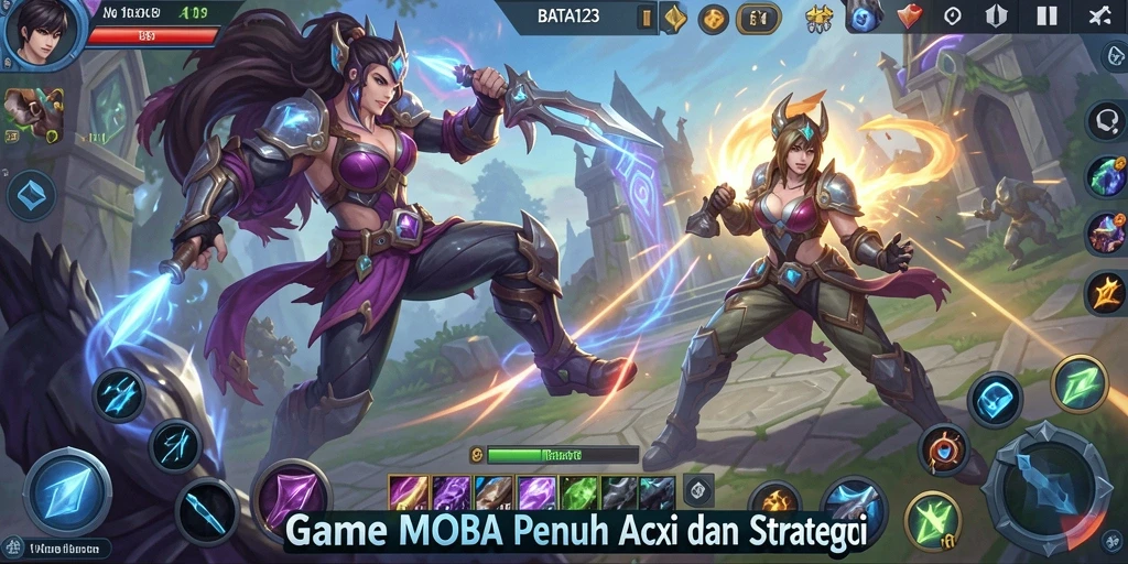 Tampilan gameplay MOBA yang intens dan strategis.