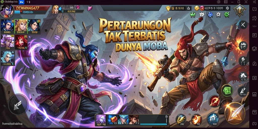 Screenshot gameplay MOBA DEWANAGA77 yang menampilkan pertarungan tim strategis.