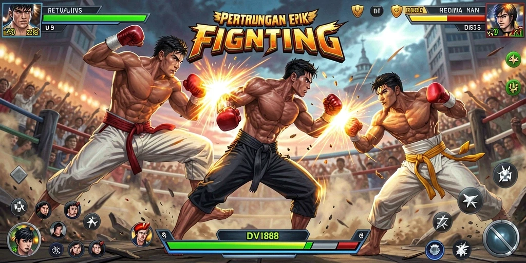 Tampilan gameplay <strong>DV188</strong> yang intens dengan berbagai karakter fighting.