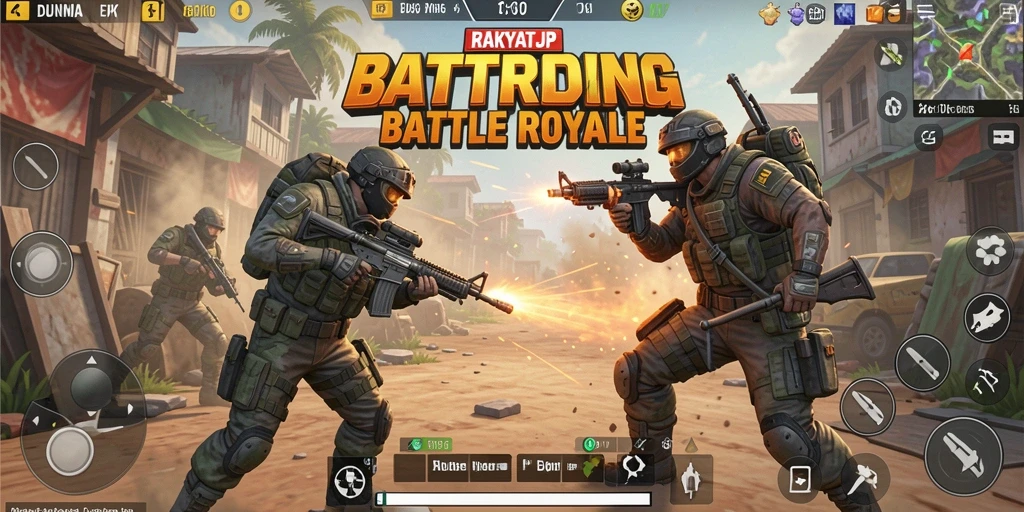 Tangkapan layar utama RAKYATJP menampilkan pertarungan seru dalam mode Battle Royale.