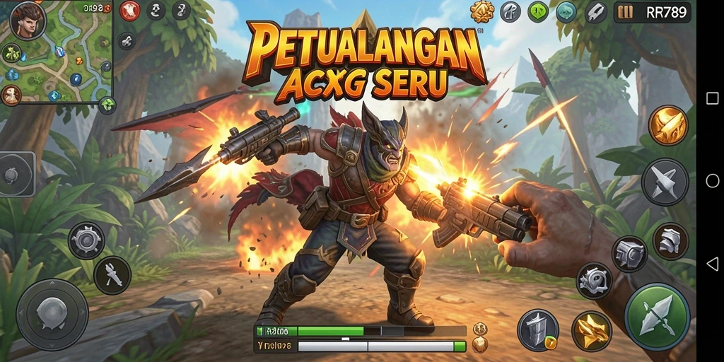 Screenshot gameplay utama RR789 menampilkan pertarungan seru dengan monster fantastis.