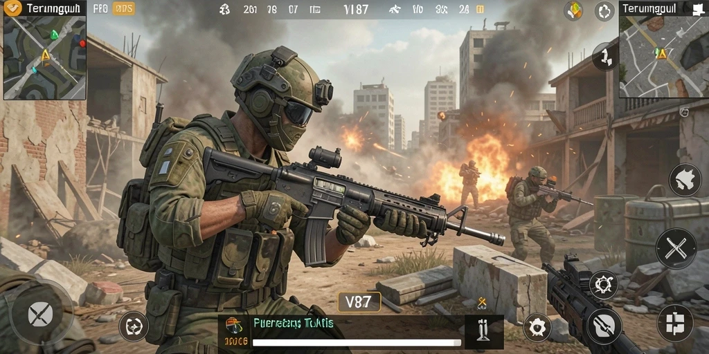 Tangkapan layar V87 menampilkan pertempuran intens dalam permainan FPS.